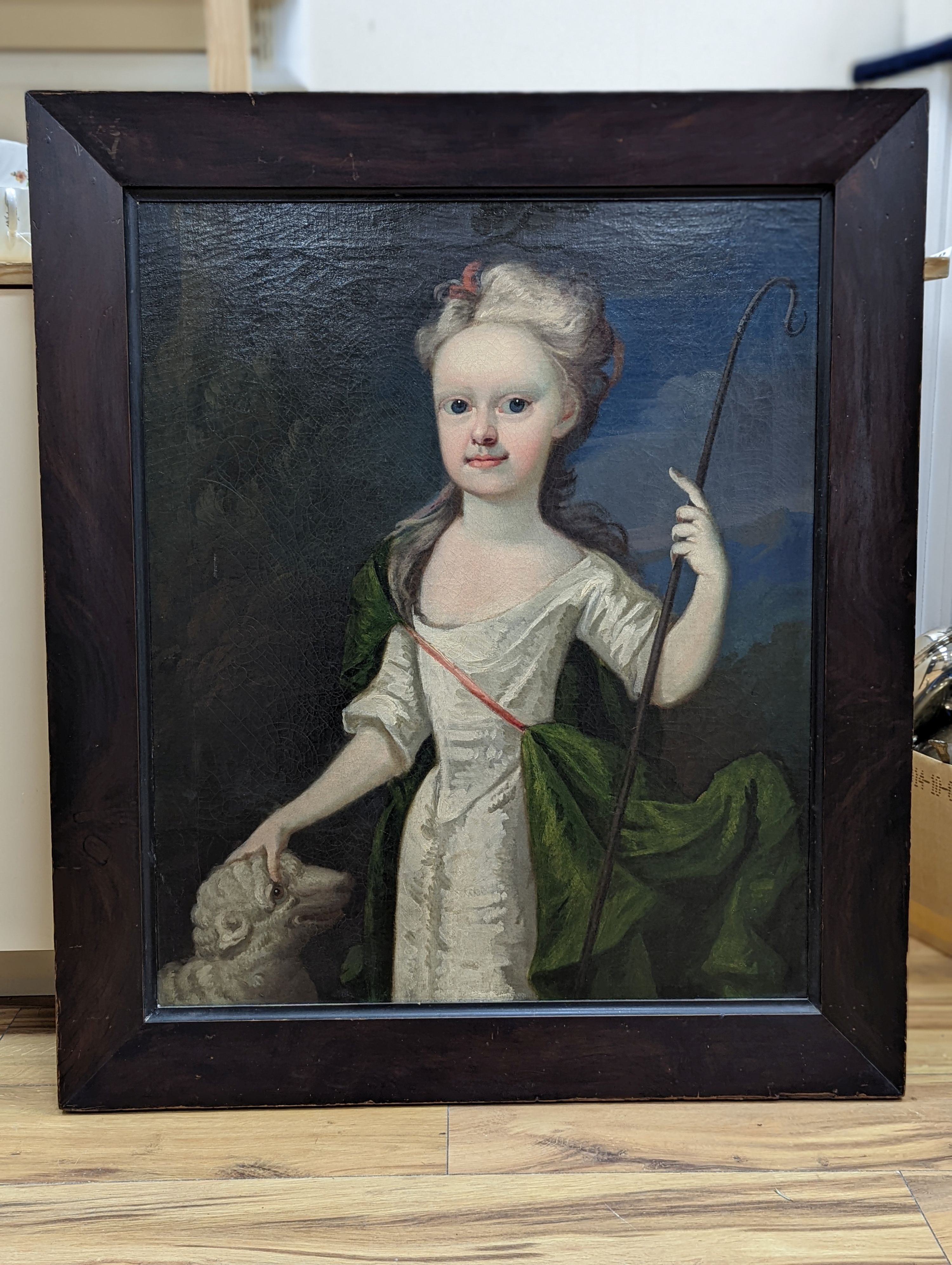Early 18th century English School, oil on canvas, Portrait of a girl as a shepherdess, 74 x 62cm